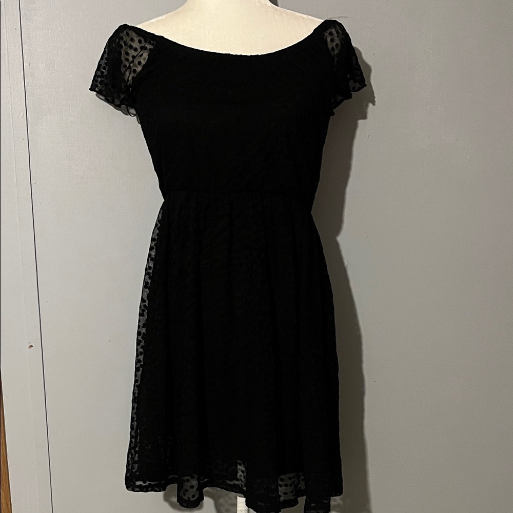 Dotted lace overlay short sleeve dress